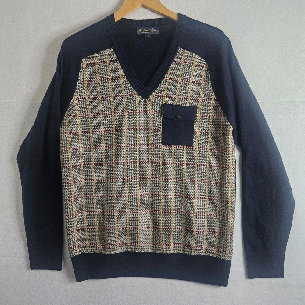 Brooks Brothers Merino Wool V-Neck Plaid Houndstooth Sweater Navy Blue Mens L